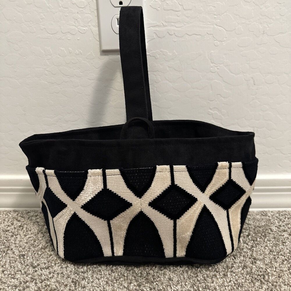 Atenti Geometric Pattern Woven Suede Forever Caddy Bag Black/Cream Made In USA